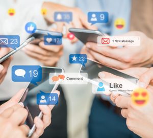 Business people watching a live streaming. Social media concept.